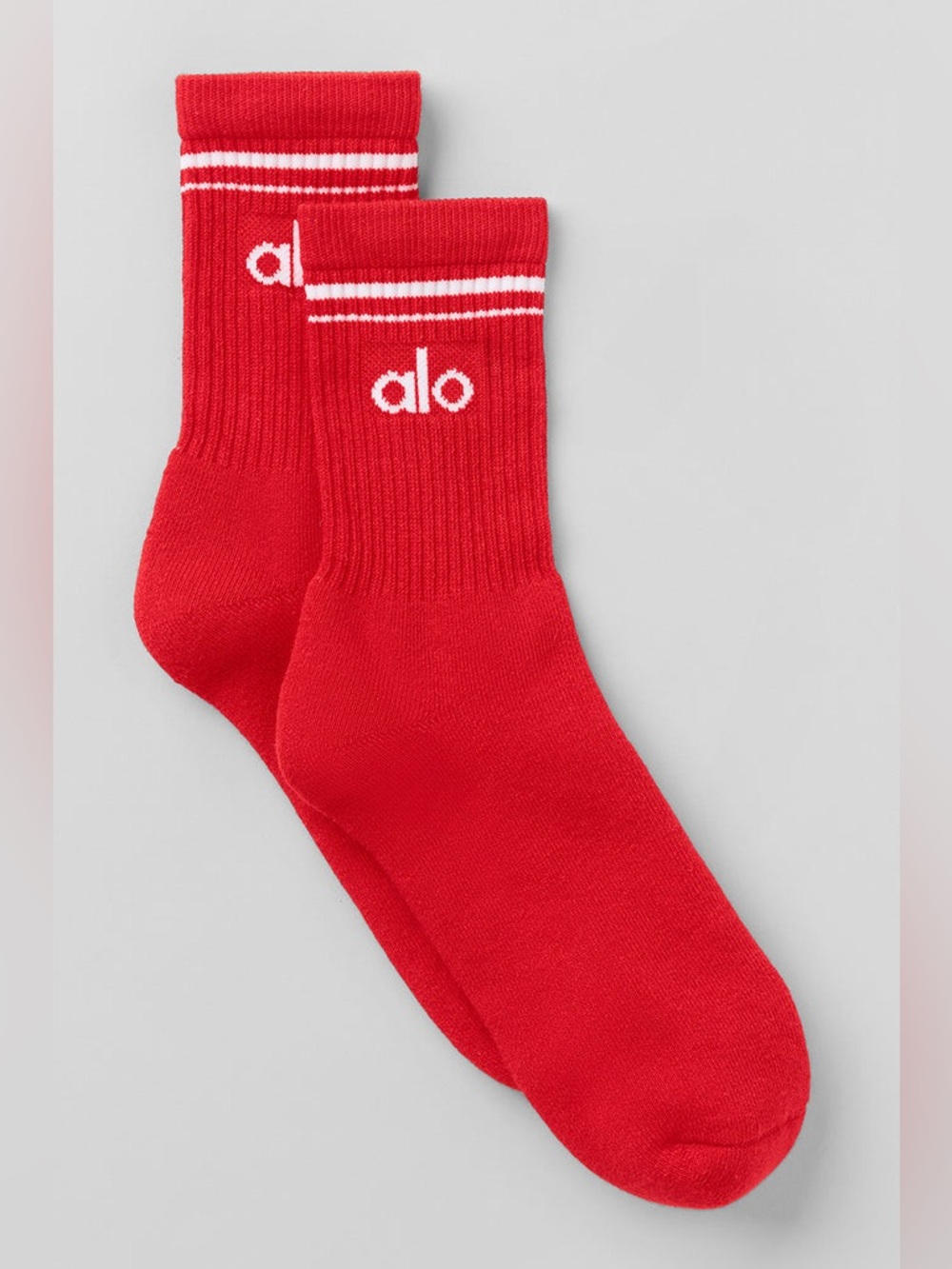 ALO Yoga Red Crew Socks with White Stripe and Logo